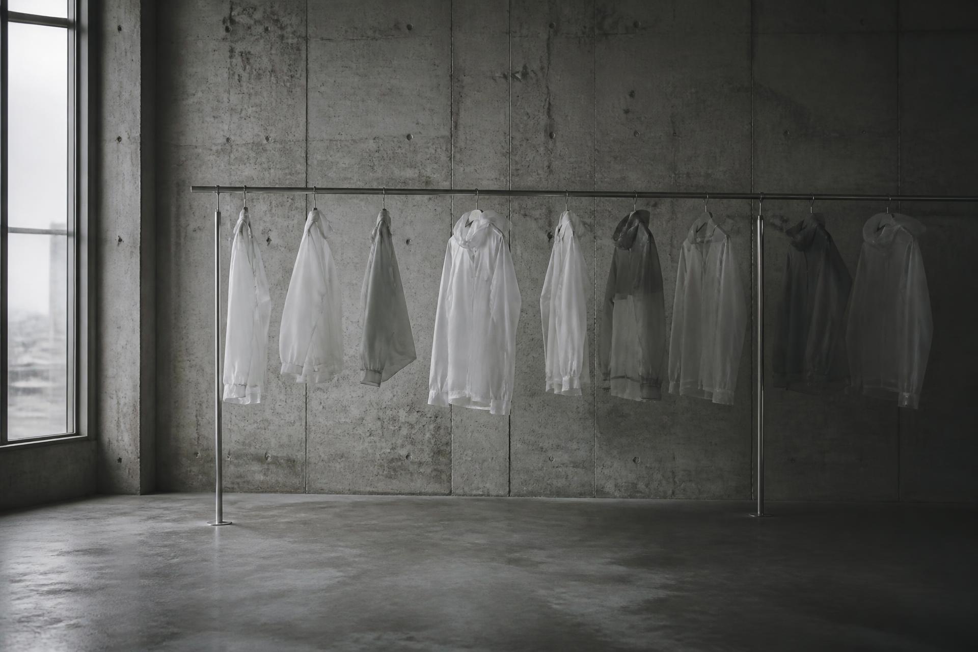 Prendas TERAL colgadas en un showroom de concreto